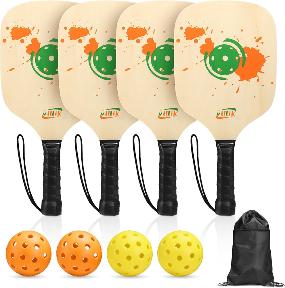 Pickleball Set, Vlllik 4 Premium Wood Pickleball Paddles with Cushion Grip  for Beginners& Pros, 4 Lightweight Pickleball Balls, Carry Bag, Gifts for  ...